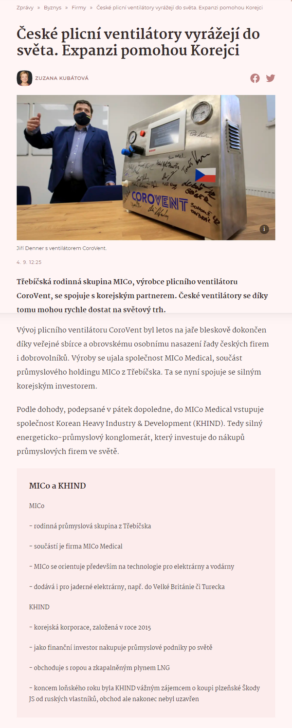 체코 현지 유력 경제전문지(Seznam Zpravy)가 4일, 코리아중공업개발공사(KHIND)와 미코 메디컬사의 협력 관계를 보도하였다.